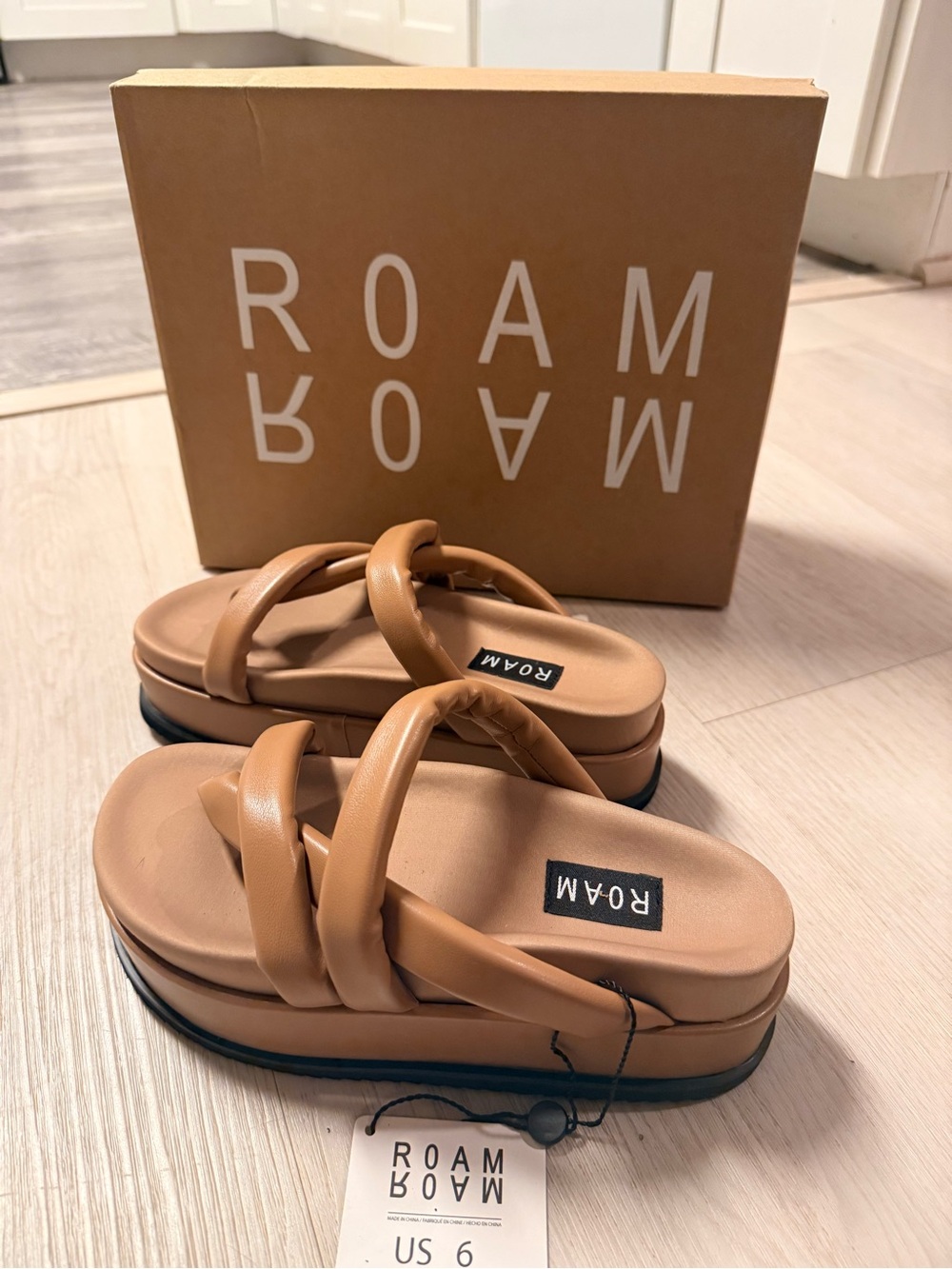 ROAM Tan Braided Platform Slide Sandals